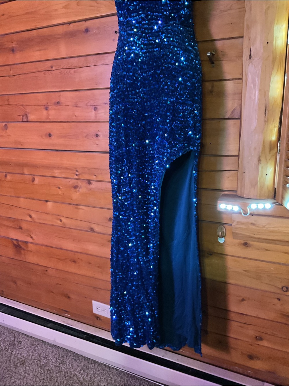 One-Shoulder Navy Sequin Evening Gown w/ slit hem and Open Back - Picture 8 of 14